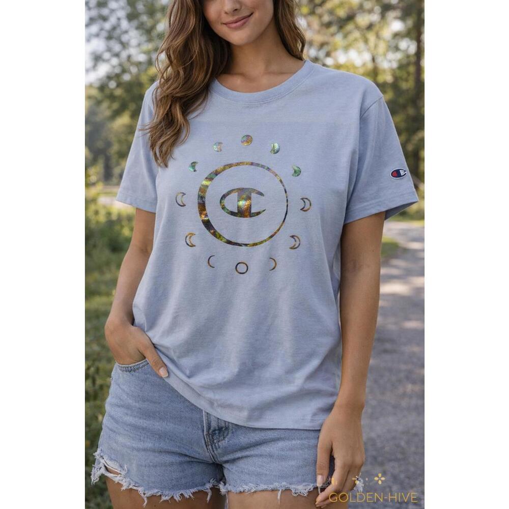 Champion Light Blue Moon Phase Graphic T-Shirt Size Large
